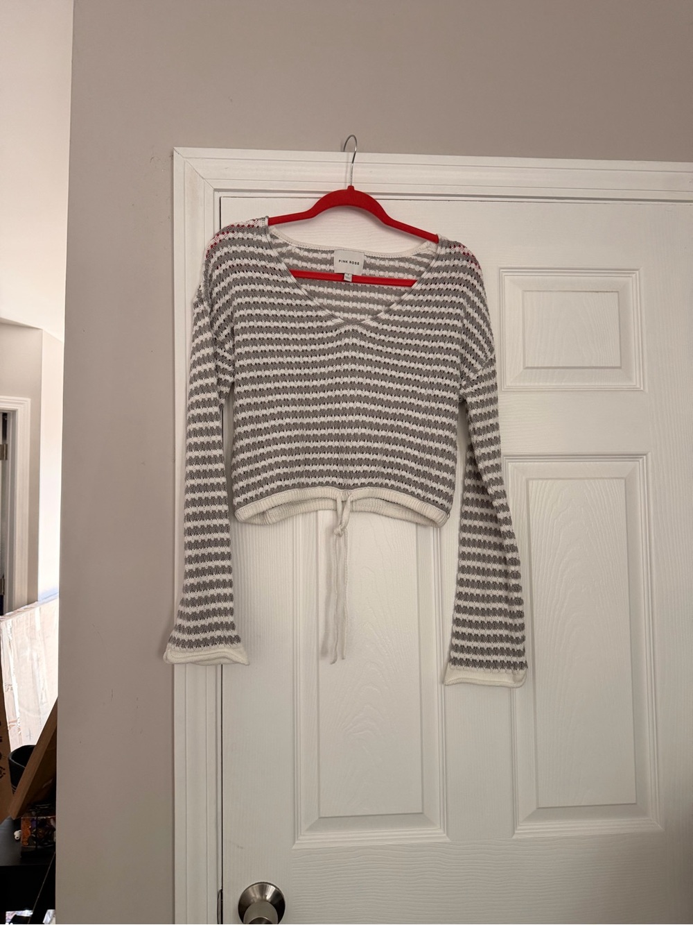 Pink Rose Gray & White Striped Cropped V-Neck Sweater